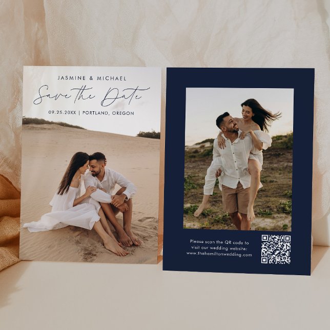 Modernes Script Navy QR Code 2 Foto Save The Date (Von Creator hochgeladen)