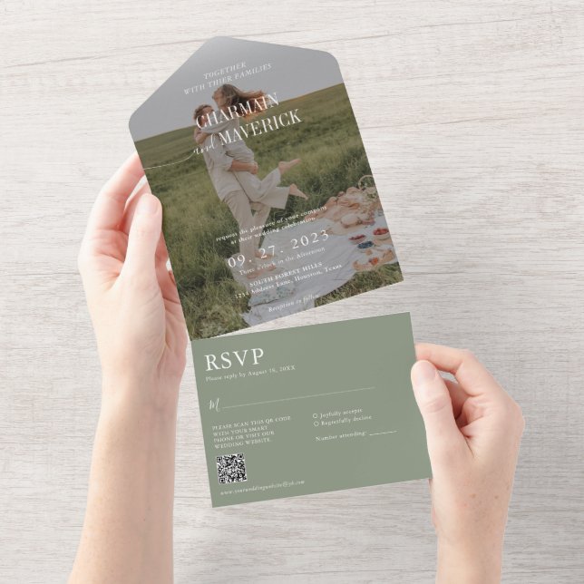 Modernes Script Overlay-Foto QR-Code Hochfahren All In One Einladung (Abreißen)