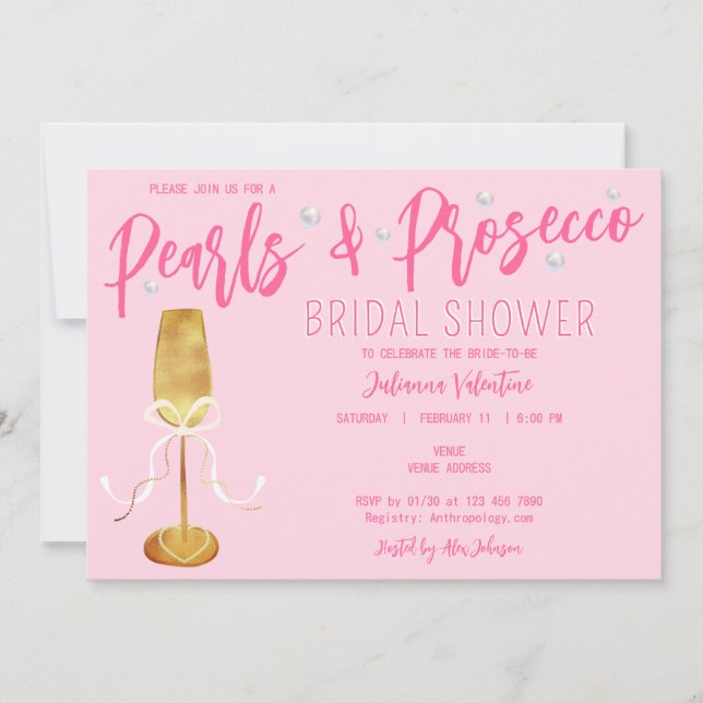 Modernes Script Pink Pearls & Prosecco Brautparty Einladung (Vorderseite)