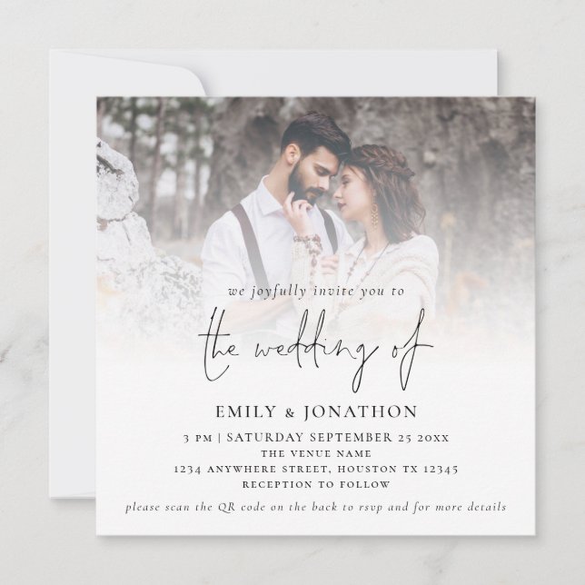 Modernes Script QR Code Foto Square Wedding Einladung (Vorderseite)