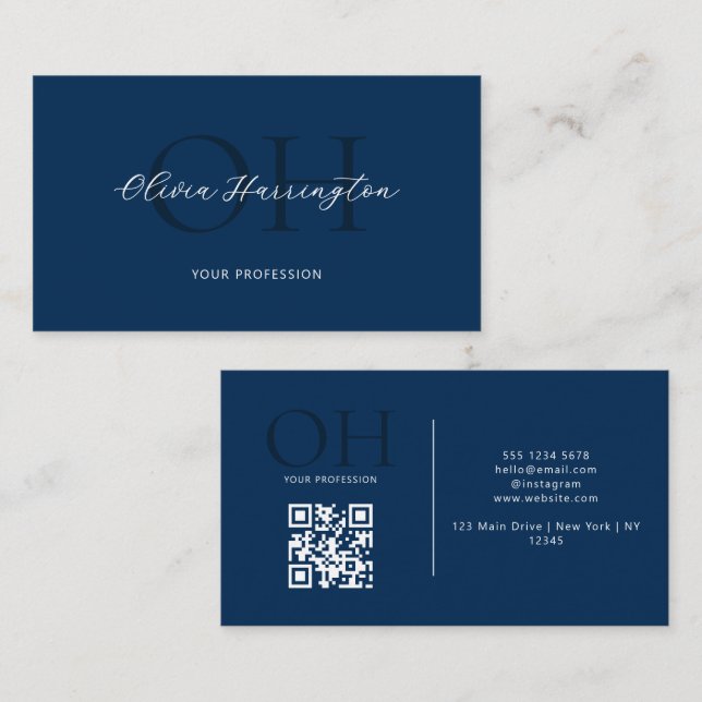 Modernes Script QR Code Navy Blue Monogram Visitenkarte (Vorne/Hinten)