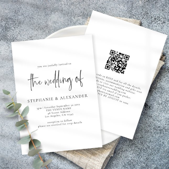 Modernes Script QR Code Schwarz-Weiß-Hochzeit Einladung (Von Creator hochgeladen)