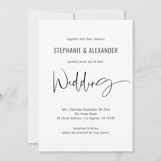 Modernes Script QR Code Schwarz-weiß Wedding Einladung (Vorderseite)