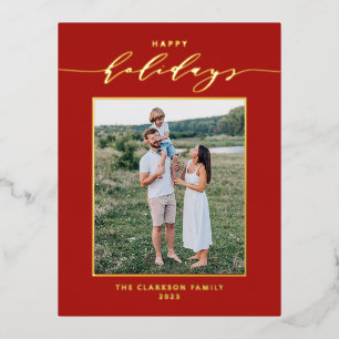 Modernes Script Red Happy Holidays Foto Folien Feiertagspostkarte