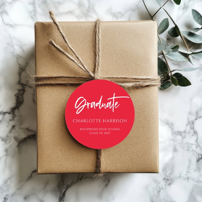 Modernes Script Red White Abschluss Runder Aufkleber (Von Creator hochgeladen)