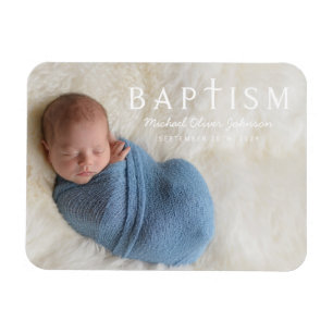 Modernes Script Religious Cross Boy Baptism Foto Magnet