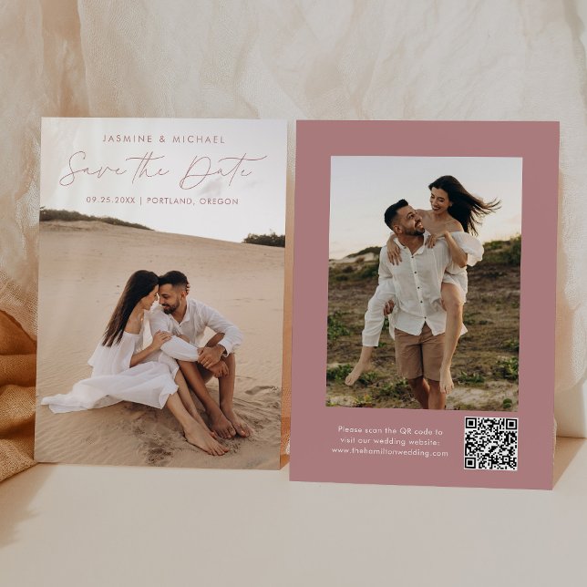 Modernes Script Rose QR Code 2 Foto Save The Date (Von Creator hochgeladen)