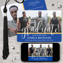 Modernes Script Royal Blue & Gold 4 Foto Abschluss Ankündigung