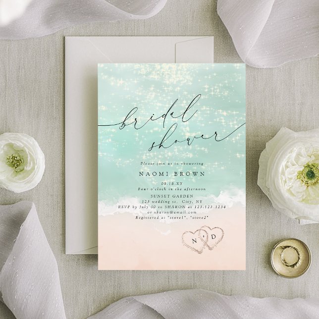 Modernes Script Sand Hearts Beach Brautparty Einladung (Modern Script Sand Hearts Beach Bridal Shower Invitation)