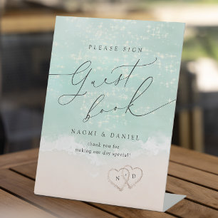 Modernes Script Sand Hearts Beach Guest Book Sign Sockelschild