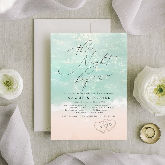 Modernes Script Sand Hearts Beach Probe Dinner Einladung (Modern Script Sand Hearts Beach Rehearsal Dinner Invitation)