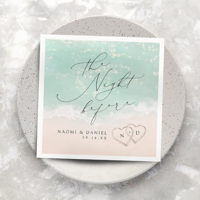 Modernes Script Sand Hearts Beach Probe Dinner Serviette (Modern Script Sand Hearts Beach Rehearsal Dinner Napkins)