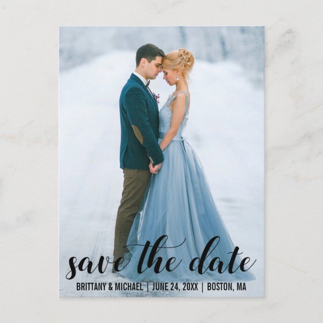 Modernes Script Save the Date Verlobung Foto BL Postkarte (Vorderseite)