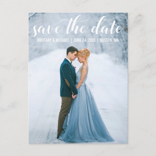 Modernes Script Save the Date Verlobung Foto W Postkarte (Vorderseite)