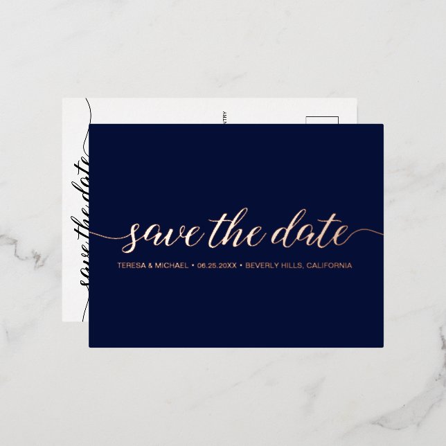 Modernes Script Save the Date Wedding Blue Rose Go Folie Einladungspostkarte (Vorderseite/Rückseite)