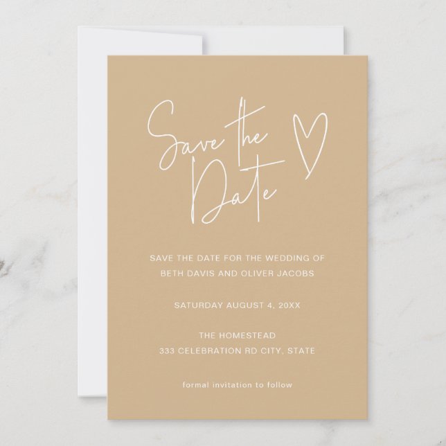 Modernes Script Schriftart Neutral Tan Foto Save t The Date (Vorderseite)