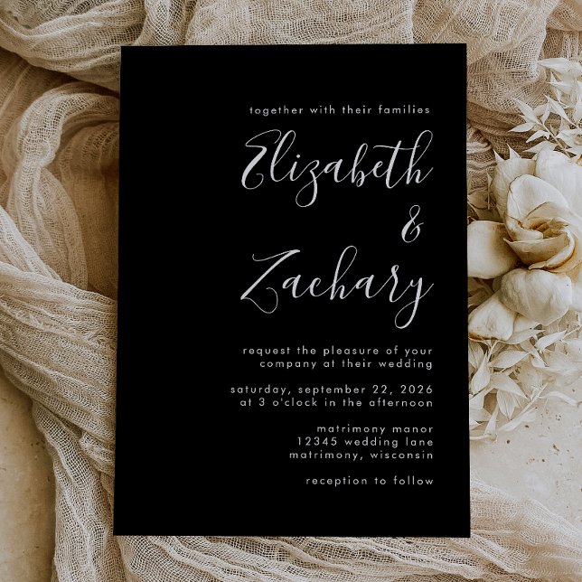 Modernes Script Schwarz und Weiß Hochzeit Einladung (Von Creator hochgeladen)
