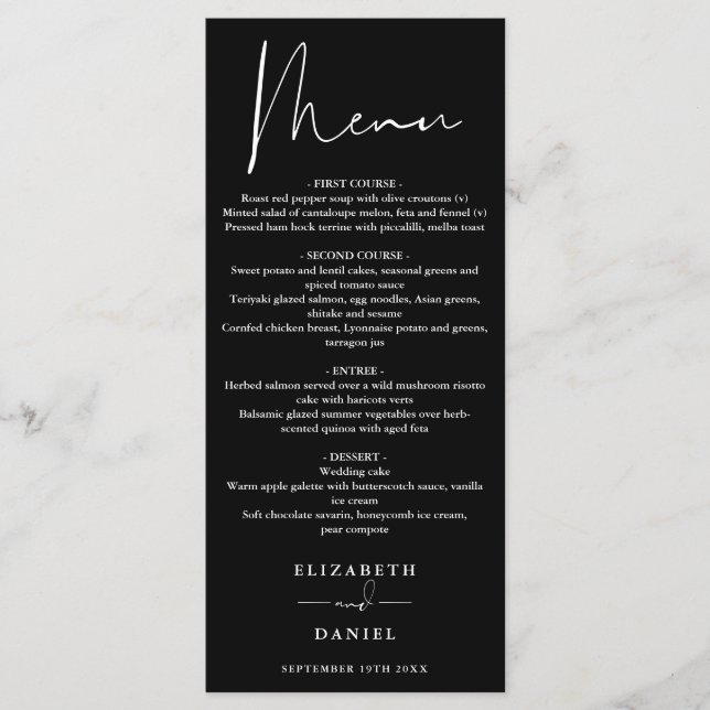Modernes Script Schwarz und Weiß Hochzeitsessen Menükarte (Vorderseite)