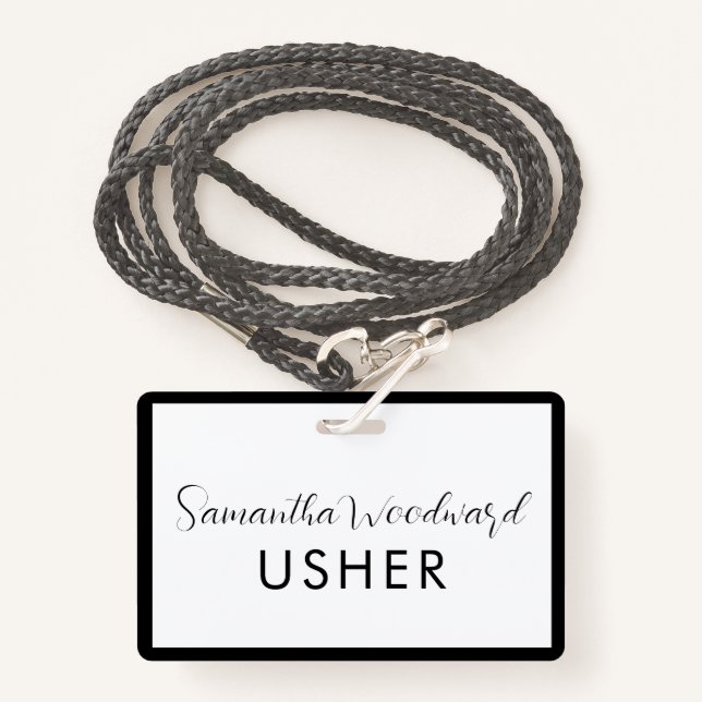 Modernes Script Signature Usher Name Abzeichen Ausweis (Vorderseite mit Schlüsselband)