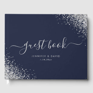 Modernes Script Silver Glitzer Navy Blue Wedding Gästebuch