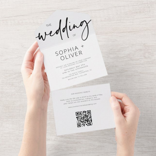 Modernes Script Silver Gray Wedding All In One Einladung (Abreißen)