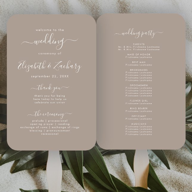 Modernes Script Taupe Hochzeitsprogramm Fächer (Von Creator hochgeladen)