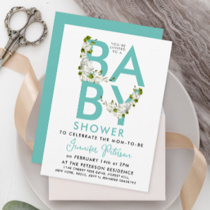 Modernes Script Turquoise Baby Dusche Bloral Einladung