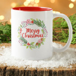 Modernes Script Wasserfarbe Frohe Weihnachtsfeier Zweifarbige Tasse<br><div class="desc">Eine hübsche Blumenweihnachtskaffee-Tasse. Gib es als Geschenk für einen besonderen Freund. Entworfen für Sie von BlackBerry Boulevard.</div>