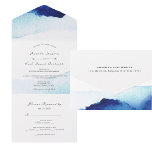 Modernes Script Watercolor Indigo Blue Wedding All In One Einladung<br><div class="desc">Ein eleganter Wasserfarben-indigoblau-Hintergrund mit modernem Skriptdesign ist perfekt für eine stilvolle zeitgenössische Hochzeit. Diese preisgünstigen Einladungen für Hochzeiten sind mit einer durchsichtigen,  perforierten UAWG-Postkarte gestaltet. Falten Sie einfach jede Karte in die umrissene Form und dann Siegel und Senden - kein Umschlag für den Versand erforderlich.</div>