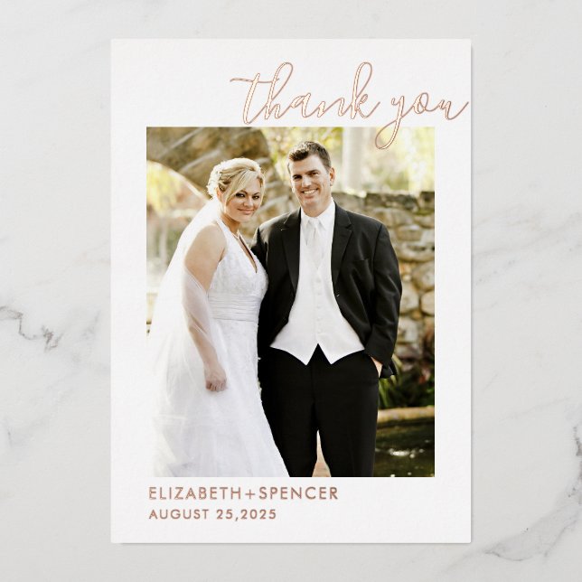 Modernes Script Wedding Foto Vielen Dank Rose Gold Folieneinladung (Vorderseite)