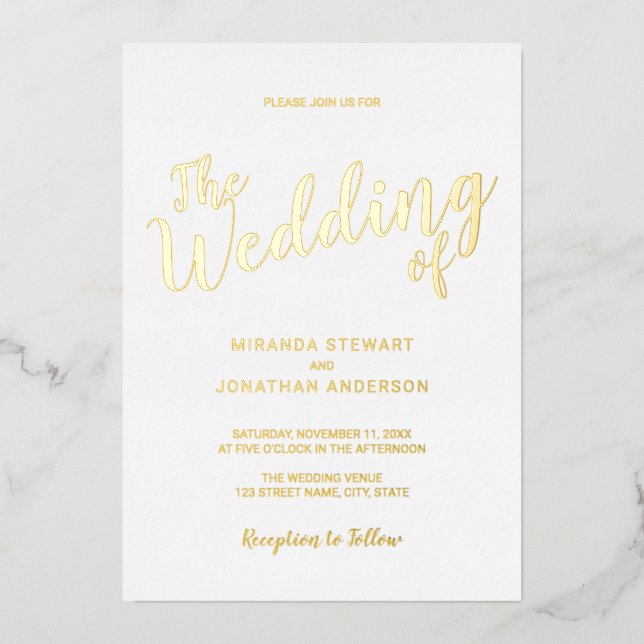 Modernes Script Wedding Gold Folieneinladung (Vorderseite)