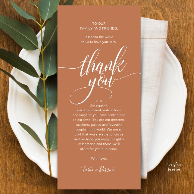 Modernes Script Wedding Guest Dinner Danke Karte (Modern Script Wedding Guest Dinner Reception Brunch Lunch Thank You Card in Copper Brown Terracotta)