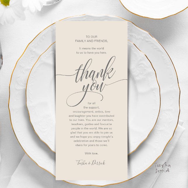 Modernes Script Wedding Guest Dinner Danke Karte (Modern Script Wedding Guest Dinner Reception Brunch Lunch Thank You Card in Classy Warm Cream Grey)
