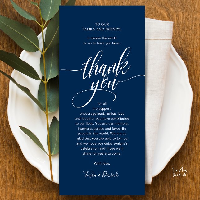 Modernes Script Wedding Guest Dinner Danke Karte (Modern Script Wedding Guest Dinner Reception Brunch Lunch Thank You Card in Classy Navy Blue)