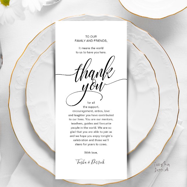 Modernes Script Wedding Guest Dinner Vielen Dank Programm (Modern Script Wedding Guest Dinner Reception Brunch Lunch Thank You Card in Black and White)