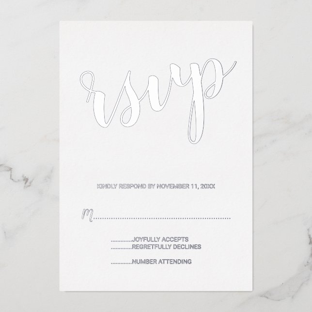 Modernes Script Wedding RSVP Silver Folieneinladung (Vorderseite)