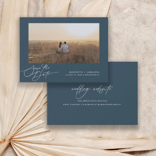 Modernes Script Wedding Website Navy Foto Rettete  Save The Date