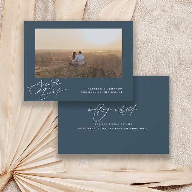 Modernes Script Wedding Website Navy Foto Rettete  Save The Date (Von Creator hochgeladen)