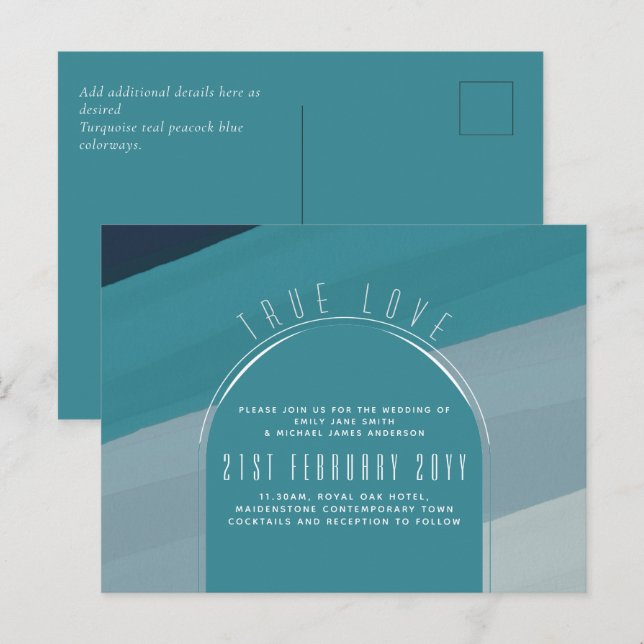 Modernes Sea Glass Ocean Peacock Aquamarine Hochze Postkarte (Vorne/Hinten)