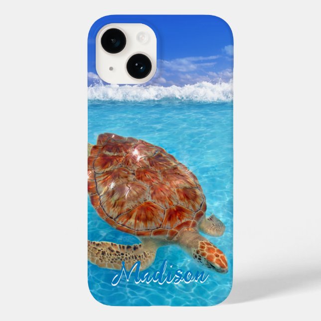 Modernes Sea Turtle Blue Beach Personalisiert Case-Mate iPhone Hülle (Rückseite)