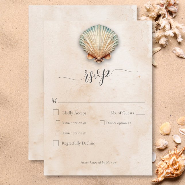 Modernes Seashell Sand Hochzeitsfest an der Küste RSVP Karte (Modern Coastal Seashell Sand Wedding Dinner RSVP Card)