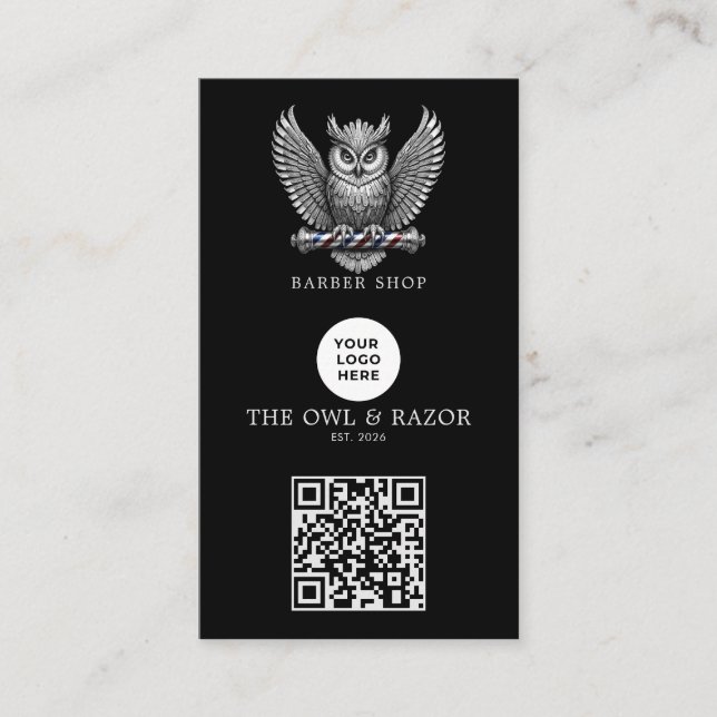 Modernes Silber-Eulen-Friseursalon-Logo Qr Code Visitenkarte (Vorderseite)
