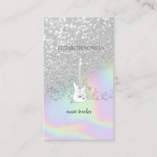 Modernes Silber-Glitter-Bokeh, Gitarre, holografis Visitenkarte