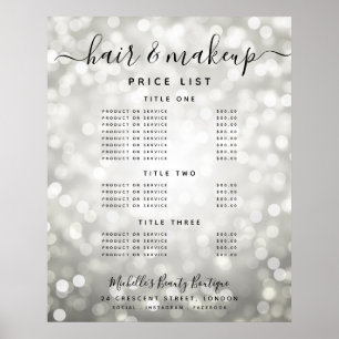 Modernes Silber-Glitter-Lichter-Salon-Preismenu  Poster