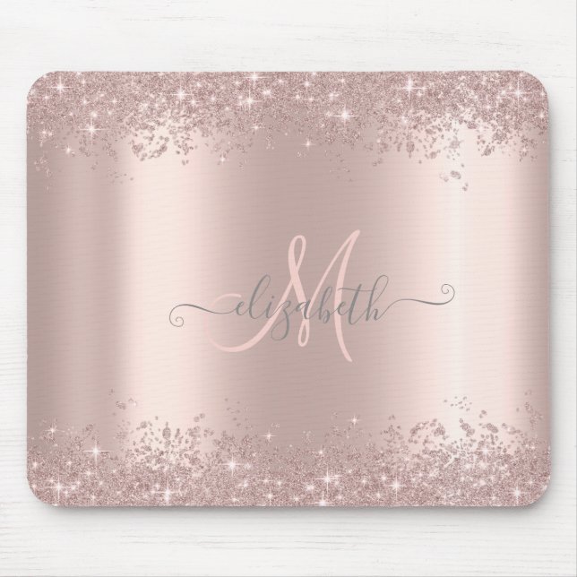 Modernes Silber-Glitzer-Staub-Rose Gold Monogramm Mousepad (Vorne)