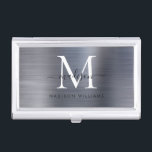 Modernes Silber-Grau-Pinsel-Monogramm-Skript Visitenkarten Dose<br><div class="desc">Modernes Glam Silver Graue Brushed Metal Monogram Script Business Card Case</div>