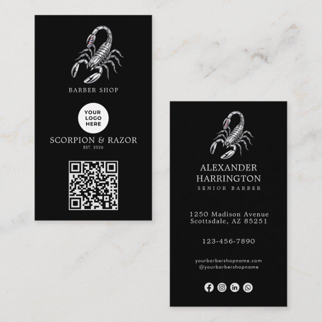 Modernes Silber Skorpion-Barbier-Shop-Logo Qr Code Visitenkarte (Vorne/Hinten)