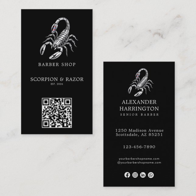 Modernes Silber Skorpion-Barbier-Shop-Logo Qr Code Visitenkarte (Vorne/Hinten)