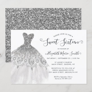 Modernes Silbergraues Glitzer Kleid Sweet 16 Gebur Einladung