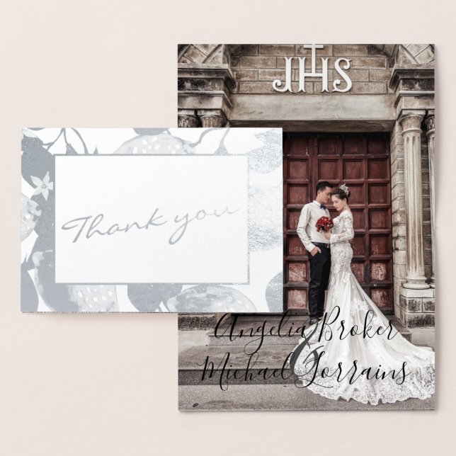 Modernes Silberlemons & Foliage Wedding Foto Real Folienkarte (Anzeige)